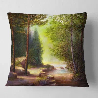 Design Art Morning Sunlight Through The Spring Trees Square Pillow Cover & Insert In Green