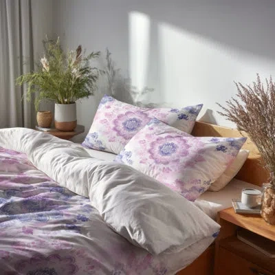 Design Art Moroccan Bedding Set 4 Pcs - Contemporary Boho Mandala Pastel Bed Comforter Set In White;purple