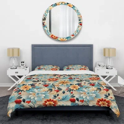 Design Art Moroccan Delight Blooming Intrigue Blue/red Microfiber Duvet Cover Set In Blue;red