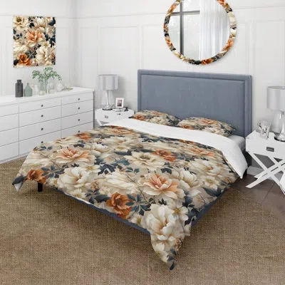 Design Art Mosaic Inspired Peonies Serenity Blue/beige Microfiber Duvet Cover Set In Blue;beige