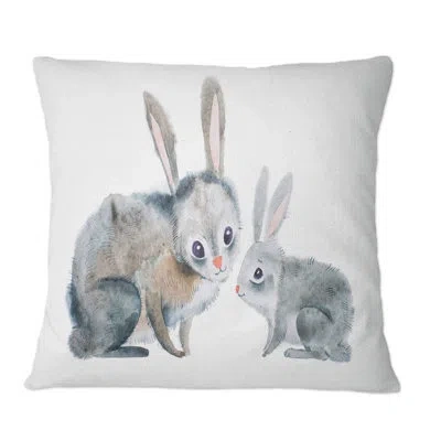Design Art Mother Rabbit And Baby Rabbit - Traditional Printed Throw Pillow In Gray