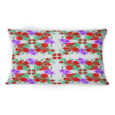 Design Art Motley Flowers In Red Green And Grey - Patterned Printed Throw Pillow 12" X 20"