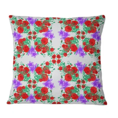 Design Art Motley Flowers In Red Green And Grey - Patterned Printed Throw Pillow In Red;purple