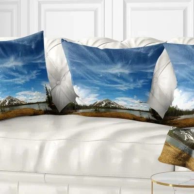 Design Art Mountain And Lake Under Blue Sky - Sea & Shore Printed Throw Pillow