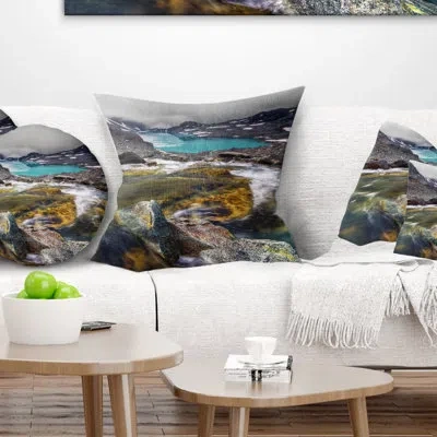 Design Art Mountain Creek Flowing Into Lake - Landscape Printed Pillow In Green
