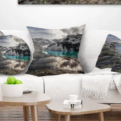 Design Art Mountain Creek Under Cloudy Sky - Landscape Printed Pillow In White