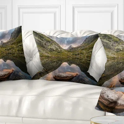 Design Art Mountain Lake Over Skok Waterfall - Sea & Shore Printed Throw Pillow In Blue