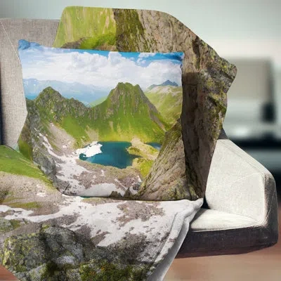 Design Art Mountain Lake View On Bright Day - Landscape Printed Pillow In Green