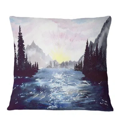 Design Art Mountain Landscape With Forest Of Tall Firs - Traditional Printed Throw Pillow In Blue