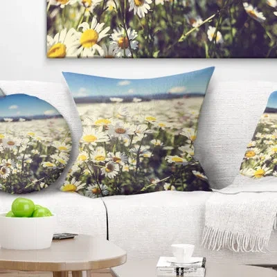 Design Art Mountain Plain With Daisy Flowers - Floral Printed Pillow In White