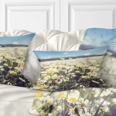 Design Art Mountain Plain With Daisy Flowers - Floral Printed Throw Pillow