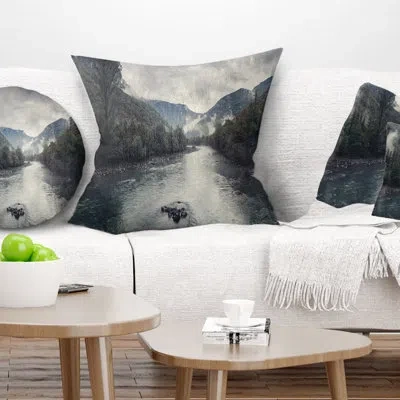 Design Art Mountain River With Fog And Rain - Sea & Shore Printed Pillow In Green