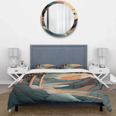 Design Art Mountain Trees In Retro Graphic Blue - Mountains Duvet Cover Set - Microfiber Polyester In Beige;yellow