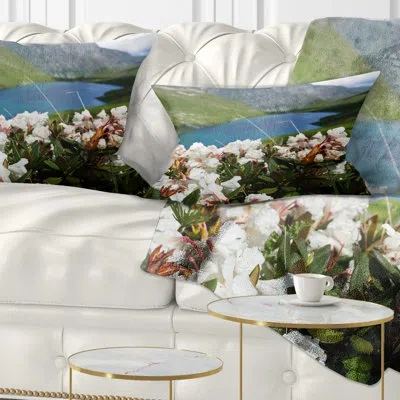 Design Art Mountains Lake With White Flowers - Floral Printed Throw Pillow