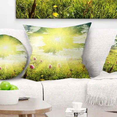 Design Art Mountains Pasture Under Bright Sunset Printed Pillow In Green