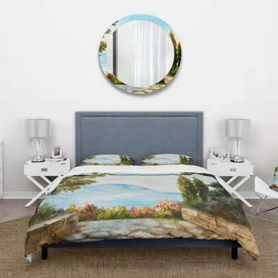 Design Art Mountains View By The Sea Side - Nautical & Coastal Duvet Cover Set - Microfiber Polyester In Blue,green,orange