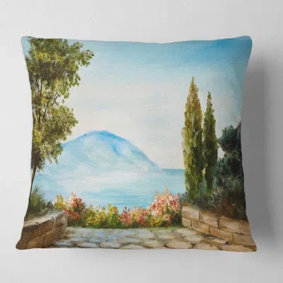 Design Art Mountains View By The Sea Side - Nautical & Coastal Printed Throw Pillow In Blue