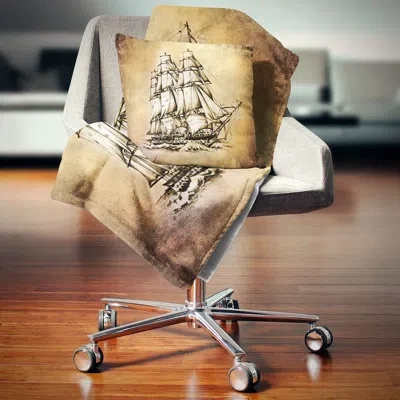 Design Art Moving Old Sailboat Drawing - Sea & Shore Printed Pillow In Blue;black;brown;green;red;yellow