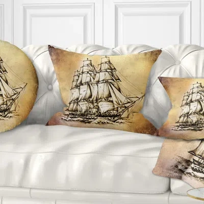 Design Art Moving Old Sailboat Drawing - Sea & Shore Printed Throw Pillow