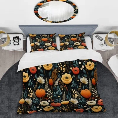 Design Art Mulitcolor Bohemian Bliss Floral Pattern Duvet Cover Set In Black;orange