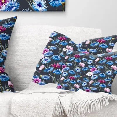 Design Art Multi Color Corn Flowers - Floral Printed Throw Pillow In Blue;white