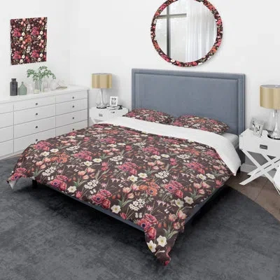 Design Art Multi Color Floral - Floral Duvet Cover Set - Microfiber Polyester In Pink,ivory