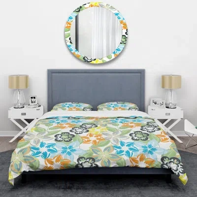 Design Art Multicolor Abstract Flower - Floral Duvet Cover Set - Microfiber Polyester In Green,blue