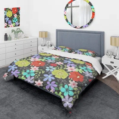 Design Art Multicolor Abstract Flower - Floral Duvet Cover Set - Microfiber Polyester In Red,green,black