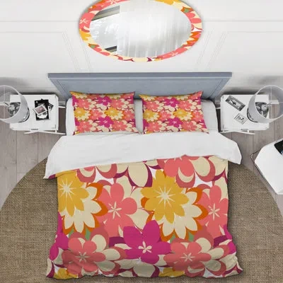 Design Art Multicolor Abstract Flowers - Floral Duvet Cover Set - Microfiber Polyester In Pink,yellow