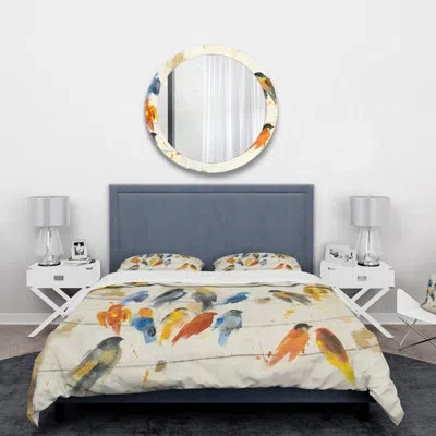 Design Art Multicolor Bird Meeting - Traditional Animal Duvet Cover Set - Microfiber Polyester In Ivory