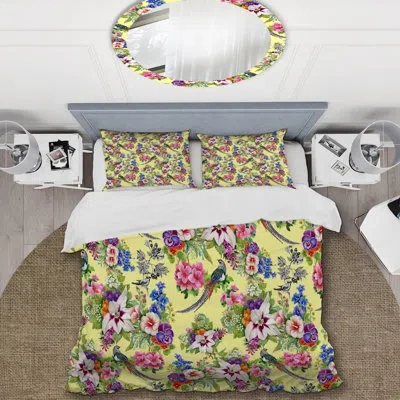 Design Art Multicolor Birds And Flowers - Floral Duvet Cover Set - Microfiber Polyester