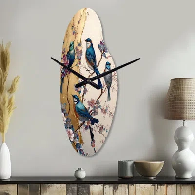 Design Art Multicolor Birds On Plum Blossoms Tree Ii - Curved Modern Metal Clock, Asymmetrical Metal Clock Prin In Blue;beige