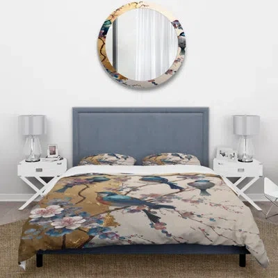 Design Art Multicolor Birds On Plum Blossoms Tree Ii Microfiber / Polyester Duvet Cover Setmicrofiber / Polyest In Blue;beige