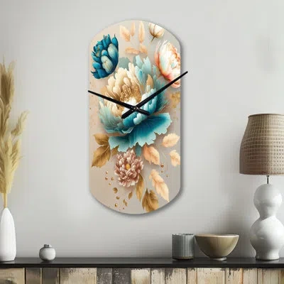 Design Art Multi-color Blooming Flowers I - Floral Cylinder Metal Wall Clock, Traditional Asymmetrical Wall Clo In Blue;pink