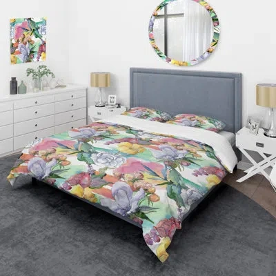 Design Art Multicolor Bouquet Flower - Floral Duvet Cover Set - Microfiber Polyester In Green,pink,white