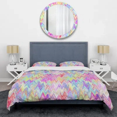 Design Art Multicolor Brushed Chevron - Abstract Duvet Cover Set - Microfiber Polyester In Pink,blue