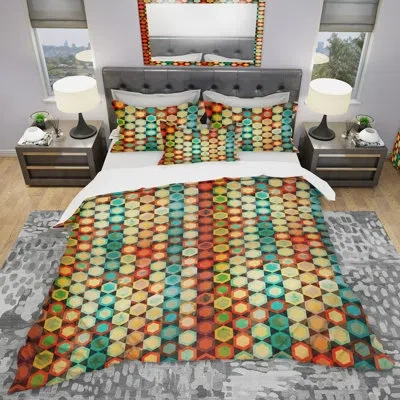 Design Art Multicolor Cells - Contemporary Geometric Duvet Cover Set - Microfiber Polyester In Red