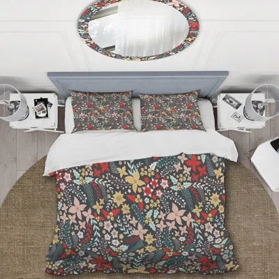 Design Art Multicolor Cute Flower Multicolor Cute Flower - Cabin & Lodge Duvet Cover Set In Gray,red