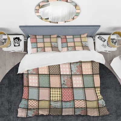 Design Art Multicolor Denim Patchwork - Abstract Duvet Cover Set - Microfiber Polyester In Pink