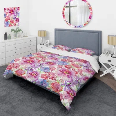 Design Art Multicolor Digital Flowers - Cabin & Lodge Duvet Cover Set In Pink,blue