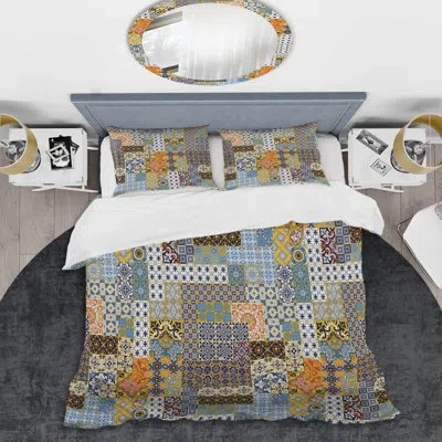 Design Art Multicolor Ethnic Patchwork - Abstract Duvet Cover Set - Microfiber Polyester In Yellow,gray