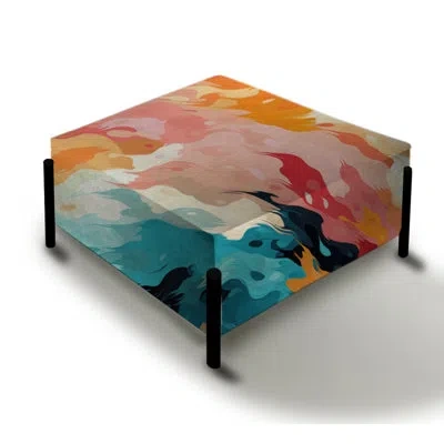 Design Art Multicolor Feather Fury - Abstract Large Square Ottoman In Orange;multi-color