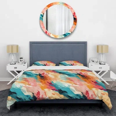 Design Art Multicolor Feather Fury Duvet Cover Set In Orange;multicolor