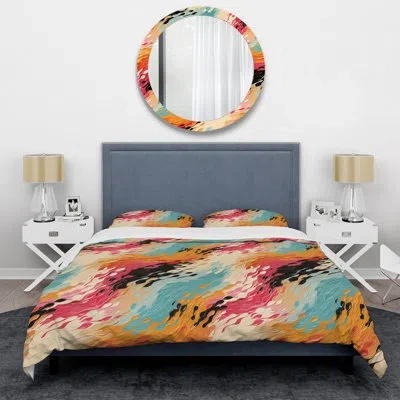 Design Art Multicolor Feather Fury I - Abstract Duvet Cover Set In Blue;beige;orange