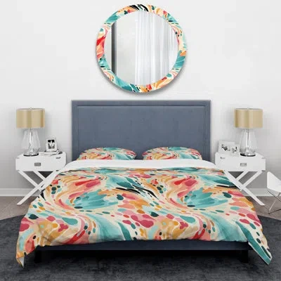 Design Art Multicolor Feather Fury Iii - Abstract Duvet Cover Set - Microfiber Polyester In Green;yellow