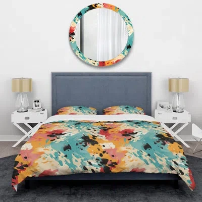 Design Art Multicolor Feather Fury Iv Duvet Cover Set In Pink;orange;teal