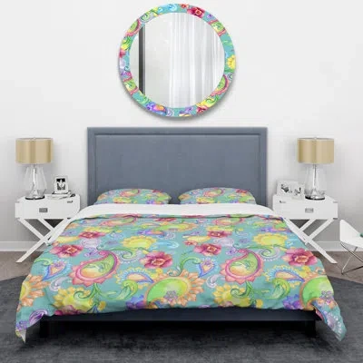 Design Art Multicolor Floral - Floral Duvet Cover Set - Microfiber Polyester In Green,blue,pink
