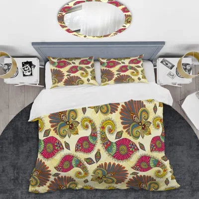 Design Art Multicolor Floral Paisley - Abstract Duvet Cover Set - Microfiber Polyester In Pink,yellow