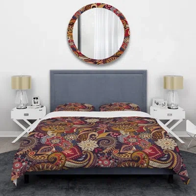Design Art Multicolor Floral Paisley - Abstract Duvet Cover Set - Microfiber Polyester In Red,brown,black