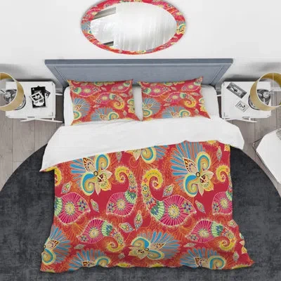 Design Art Multicolor Floral Paisley I - Abstract Duvet Cover Set - Microfiber Polyester In Red,blue,yellow